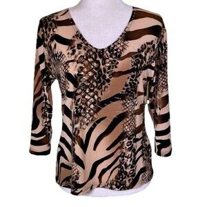 Vintage Valentina Women’s Wild Animal Print Rhinestone Y2K Glam Safari Top Med